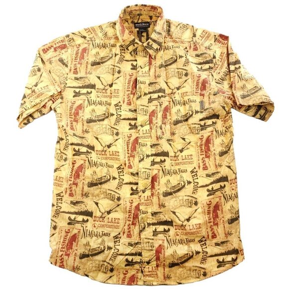 Woolrich Niagara Falls Bass Fishing All Over Print Campground Shirt Men Large - Picture 1 of 12